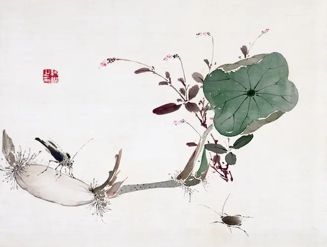 Japanese print of a lone flower on a branch with several insects