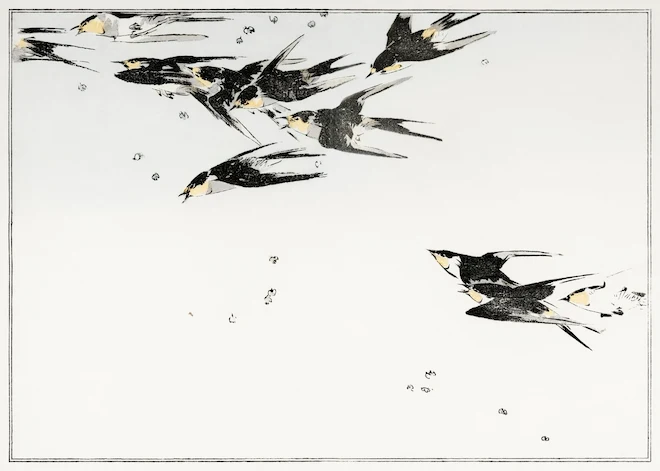 Japanese print of swallows flying in top part of print