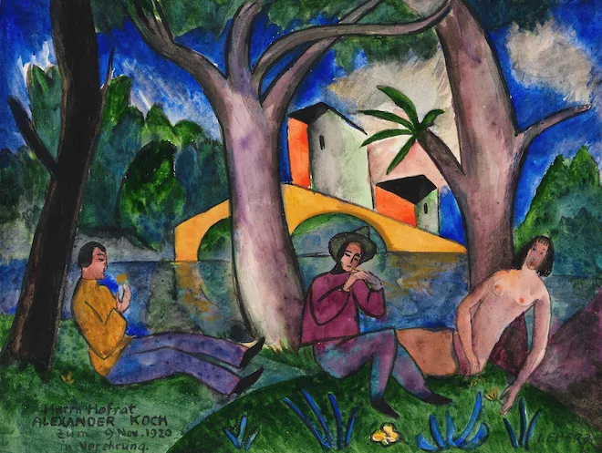 colorful painting with a small group sitting under trees