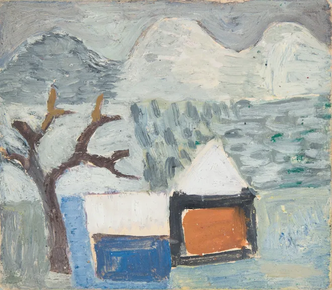 abstract painting of a house and trees with mountains in background