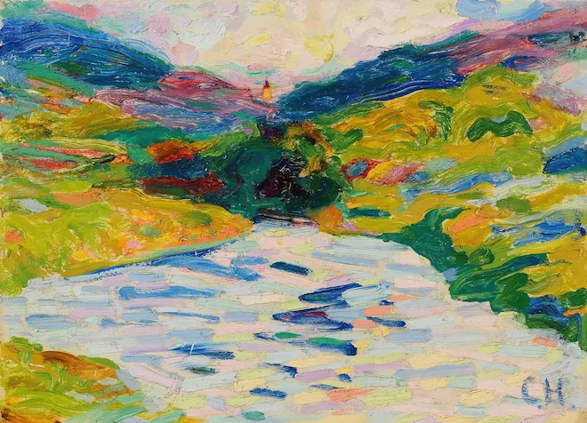 abstract art of a river among rolling hills in bright colors