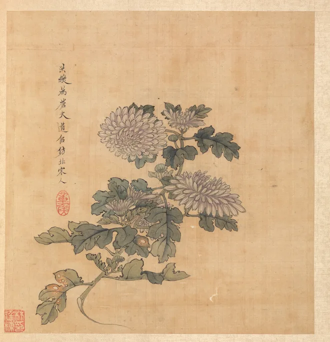 18th century Japanese print of chrysanthemums in browns