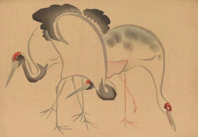 old Japanese print of two large birds all in brown