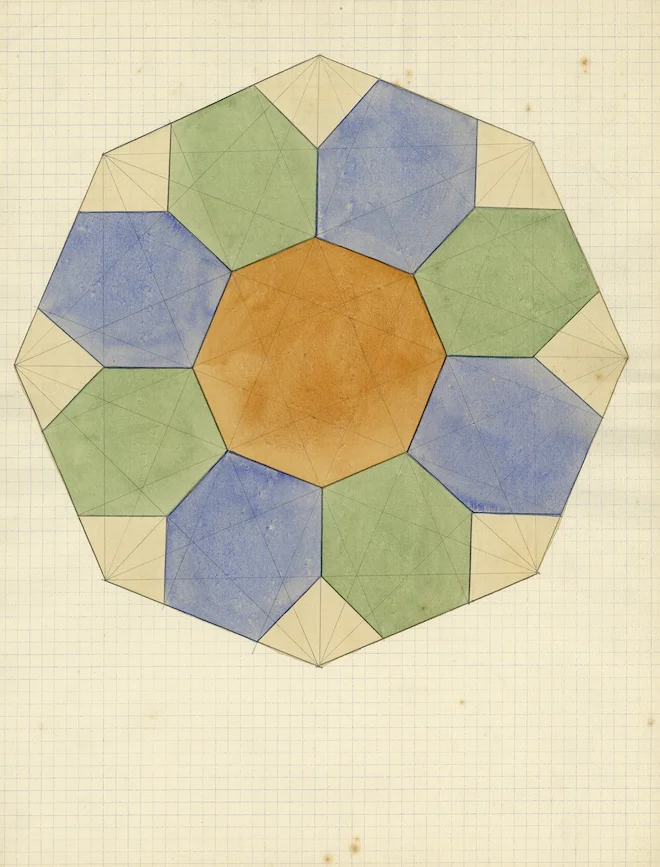 geometric yet abstract pattern of a sphere in blues and greens
