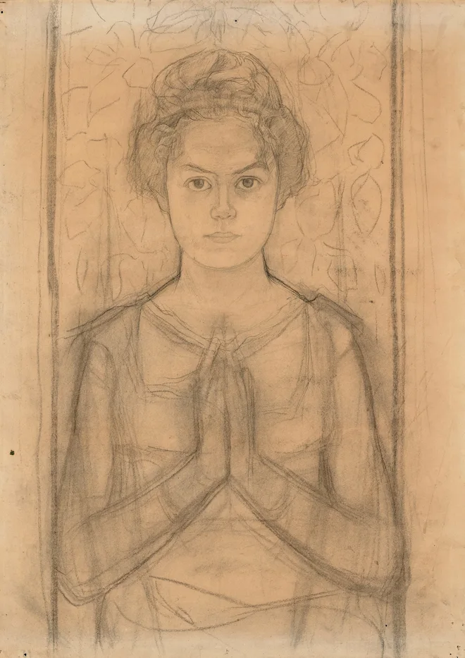 line drawing of a woman with hands in prayer position on a brown background