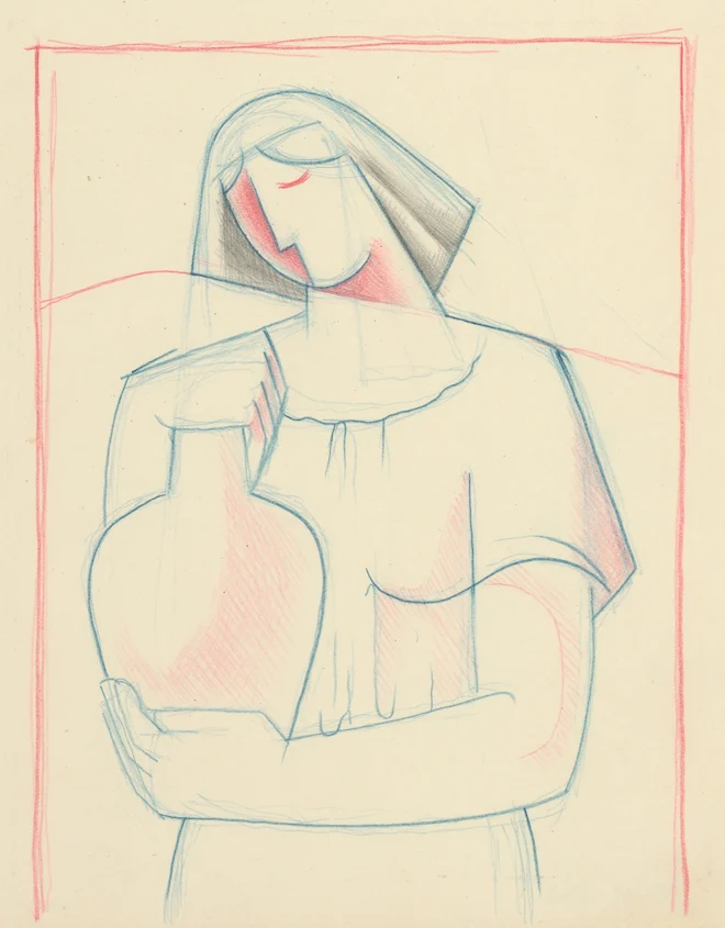 line drawing of a woman carrying an earthen jaw 