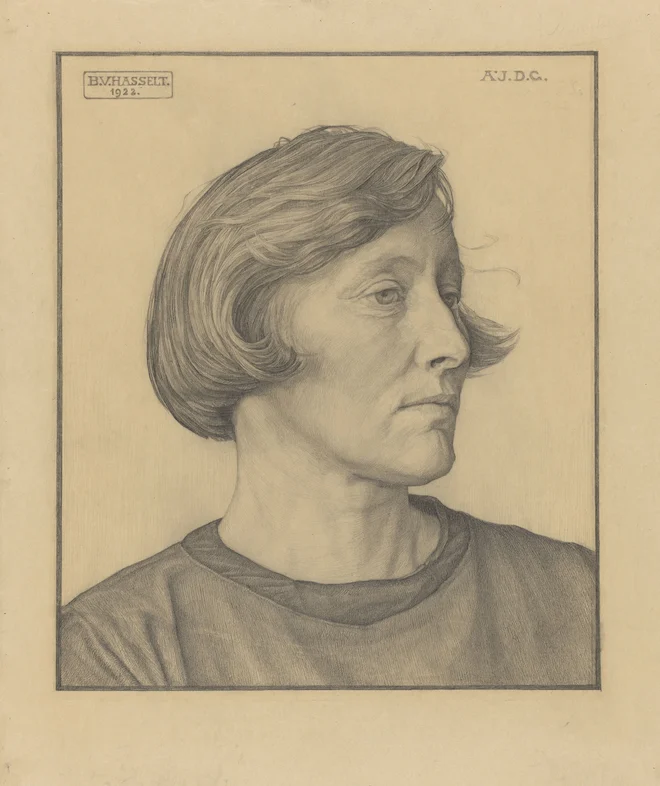 a profile line drawing of a woman on a beige background