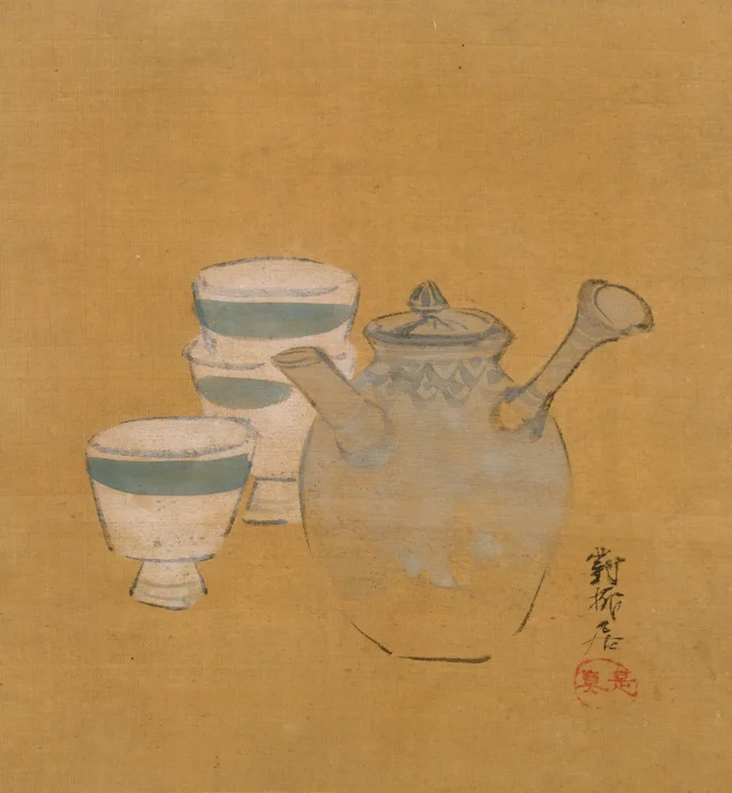 18th century Japanese print of a teapot and cups in browns and come green