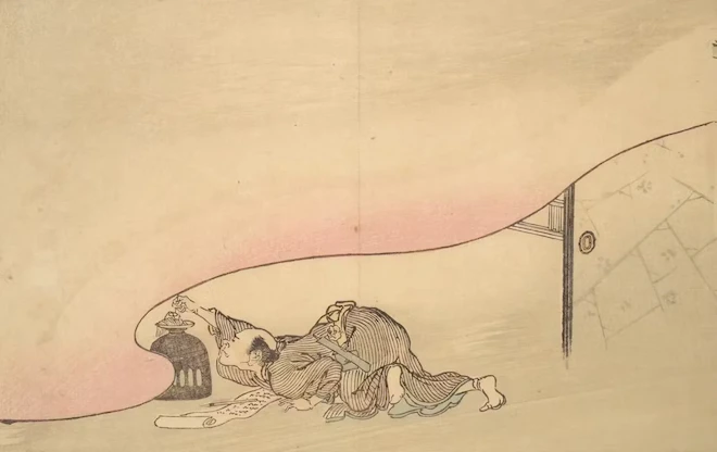 a monk in a Japanese print looking under a tarp with a lantern.