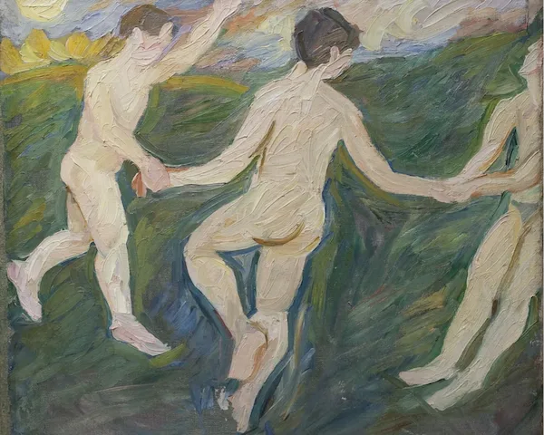 three unclothed figures dancing while holding hands