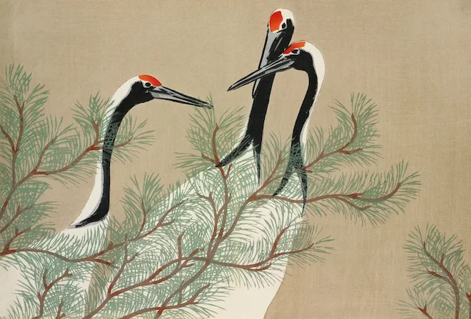 Japanese print of three geese looking at each other