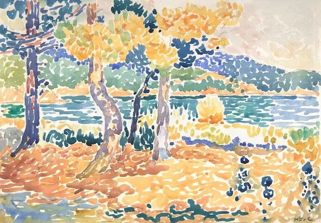 painting in bright pastels of trees and a river
