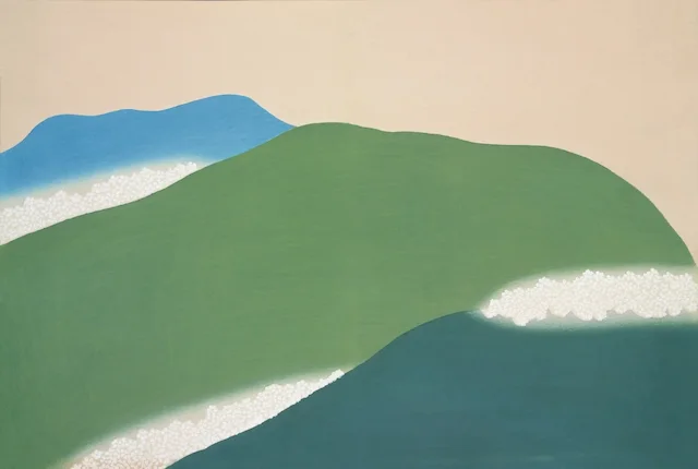 green and blue rolling hills on a tan background