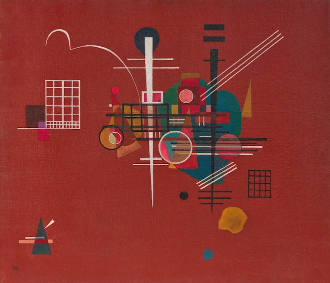 abstract shapes and designs on a blood red background