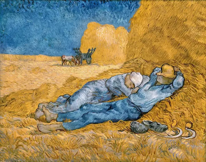 Van Gogh painting of two persons taking a nap near a haystack