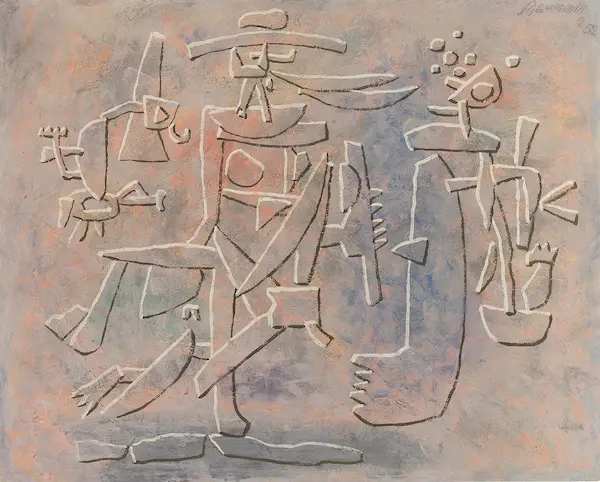 abstract composition in rust color shapes on a grey background