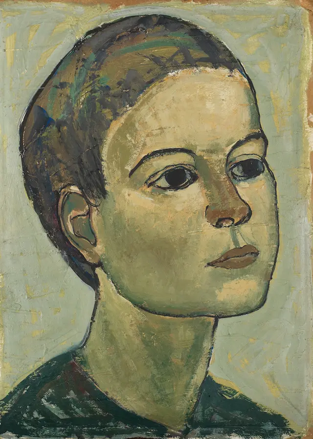 1908 painting of a young woman looking off to the side in greens