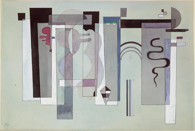 abstract paining of grey, black and colored shapes on a light greenish background