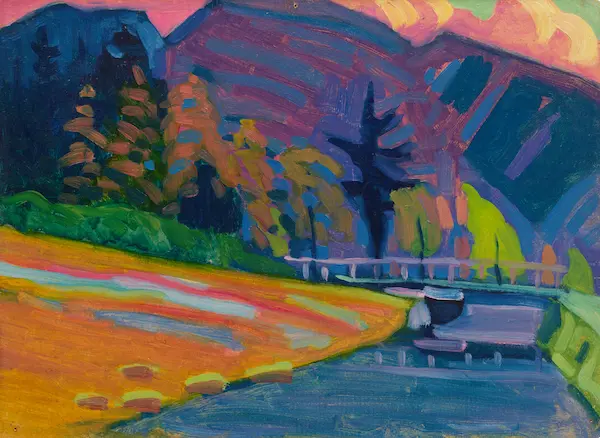 abstract painting of a bridge over a stream at the base of a valley