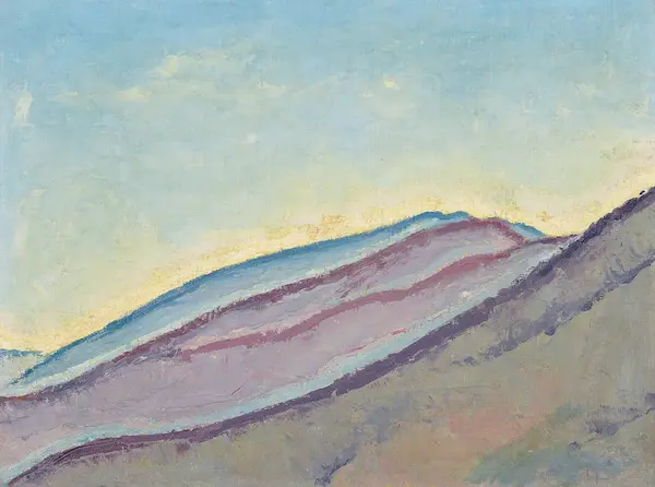 abstract painting of the side of a mountain range in pastel blue and maroon