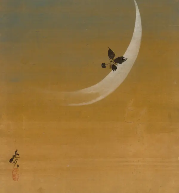 Japanese print of crescent moon in light brown and white
