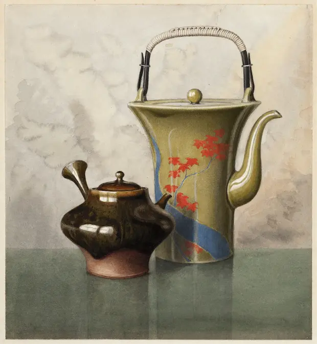 Japanese ceramic tea kettle with brown ceramic cup