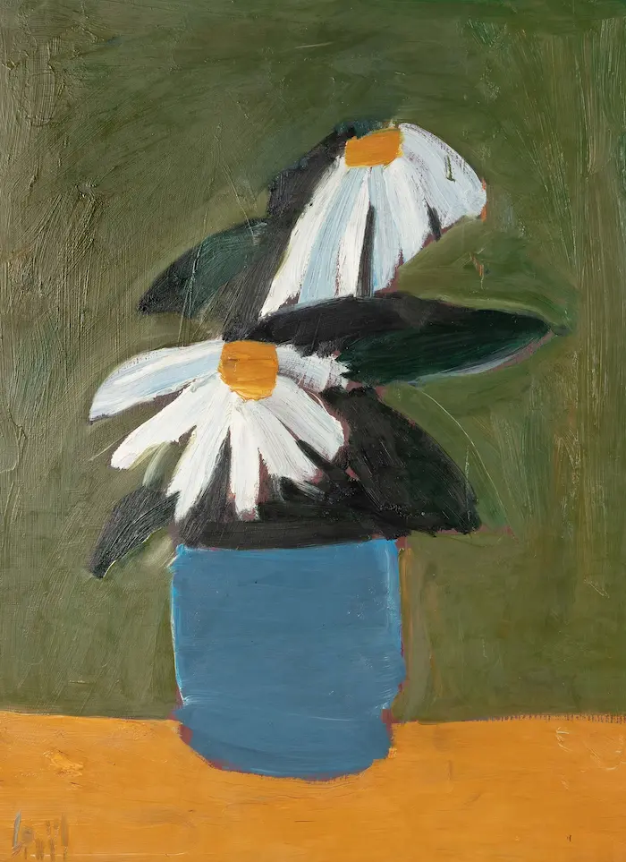Still life of flowers in a pot in brown, green and blue 