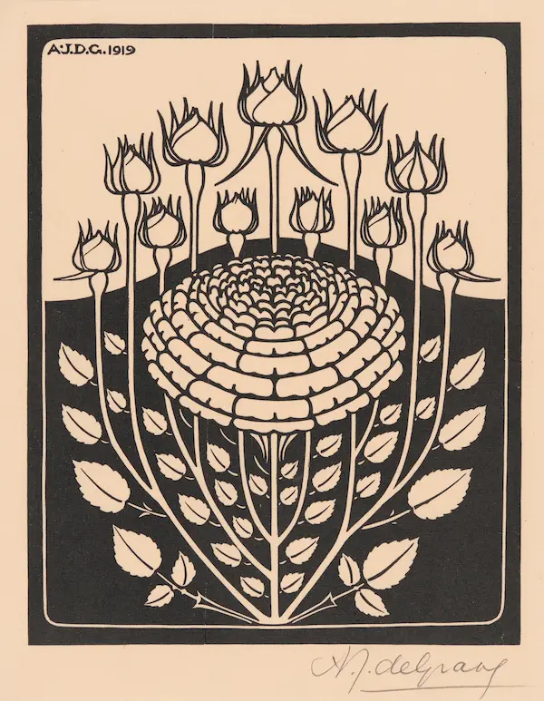 early 20th century decorative drawing of flowers opening