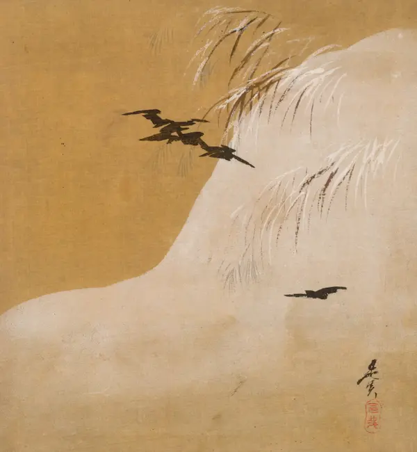 Japanese art print of birds flying in snow in brown an white