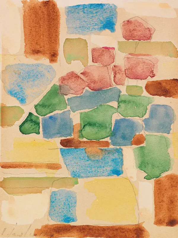 abstract watercolor still life in orange, brown and light blue shapes. 