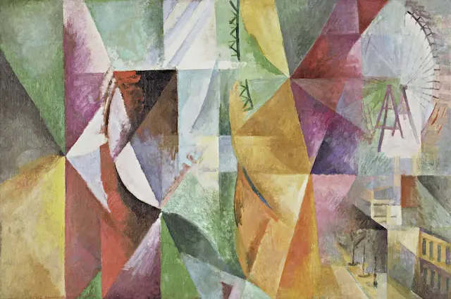 abstract painting of thee windows with elements of cubism