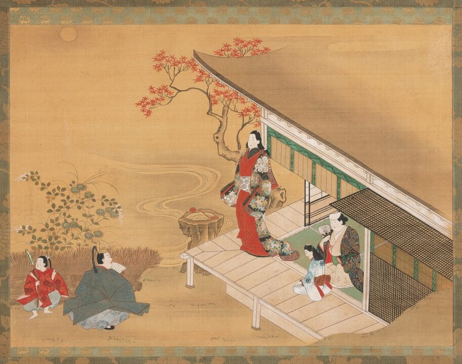 “Visiting Kawachi” (from the Tales of Ise) early 18th century; unknown Japanese artist. 