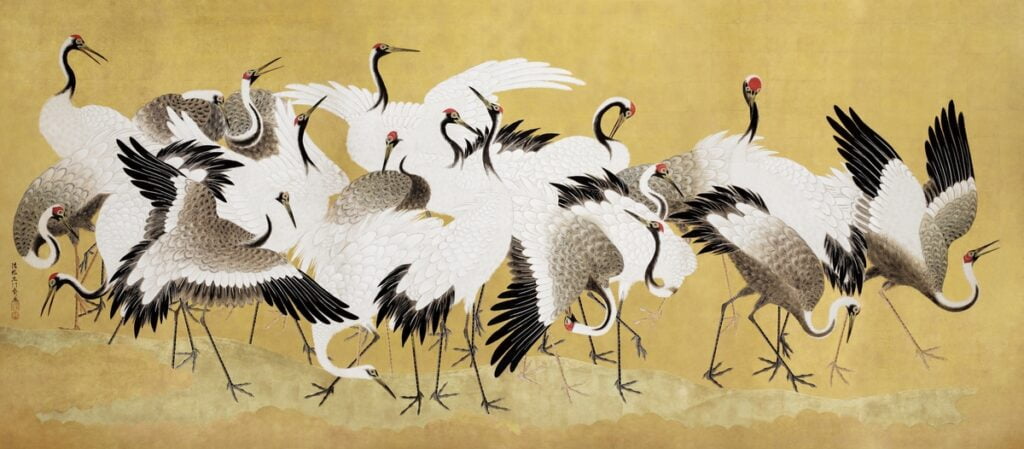 Japanese flock of cranes (18th century) vintage painting by Ishida Yūtei. 